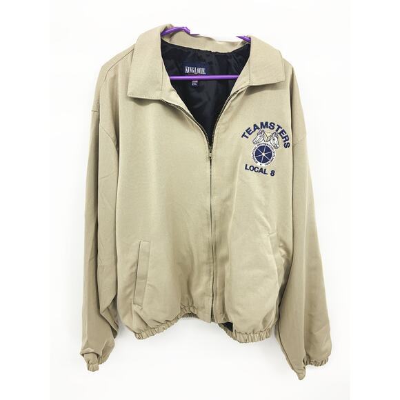 Vtg King Louie Teamsters Local 8 Embroidered Patch Jacket Beige Zip Up Size 2XL - Picture 1 of 6